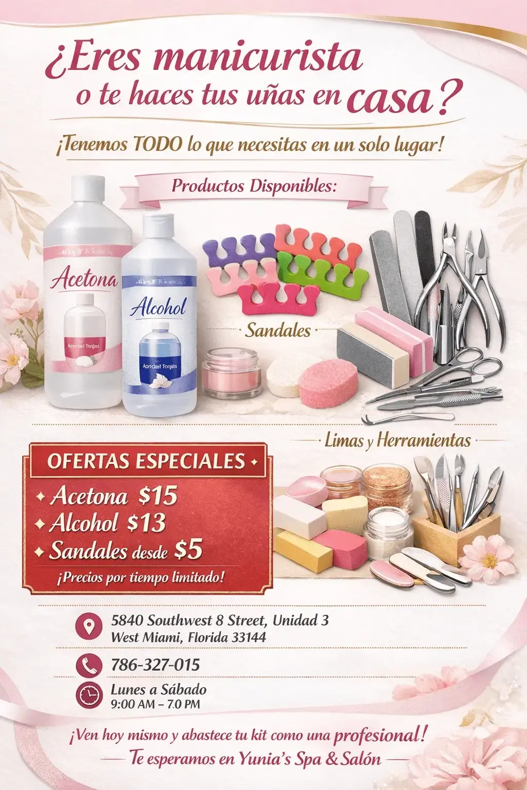 Yunia Spa products — acetone, alcohol, sandals and tools